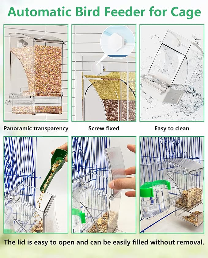 Hamiledyi No Mess Bird Feeder Automatic Transparent Acrylic Parrot Seed Food Container with Perch Bird Cage Accessories for Parakeet Finch Lovebirds Budgies Canary