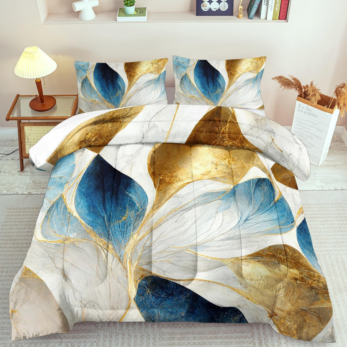 Vintage Floral Comforter Set Queen Size Women,Marble Flower Bedding Set Queen,Marble Blue Flower Bed Comforter,Blue and Gold Floral Quilt Bedroom Decor for Kids and Adults
