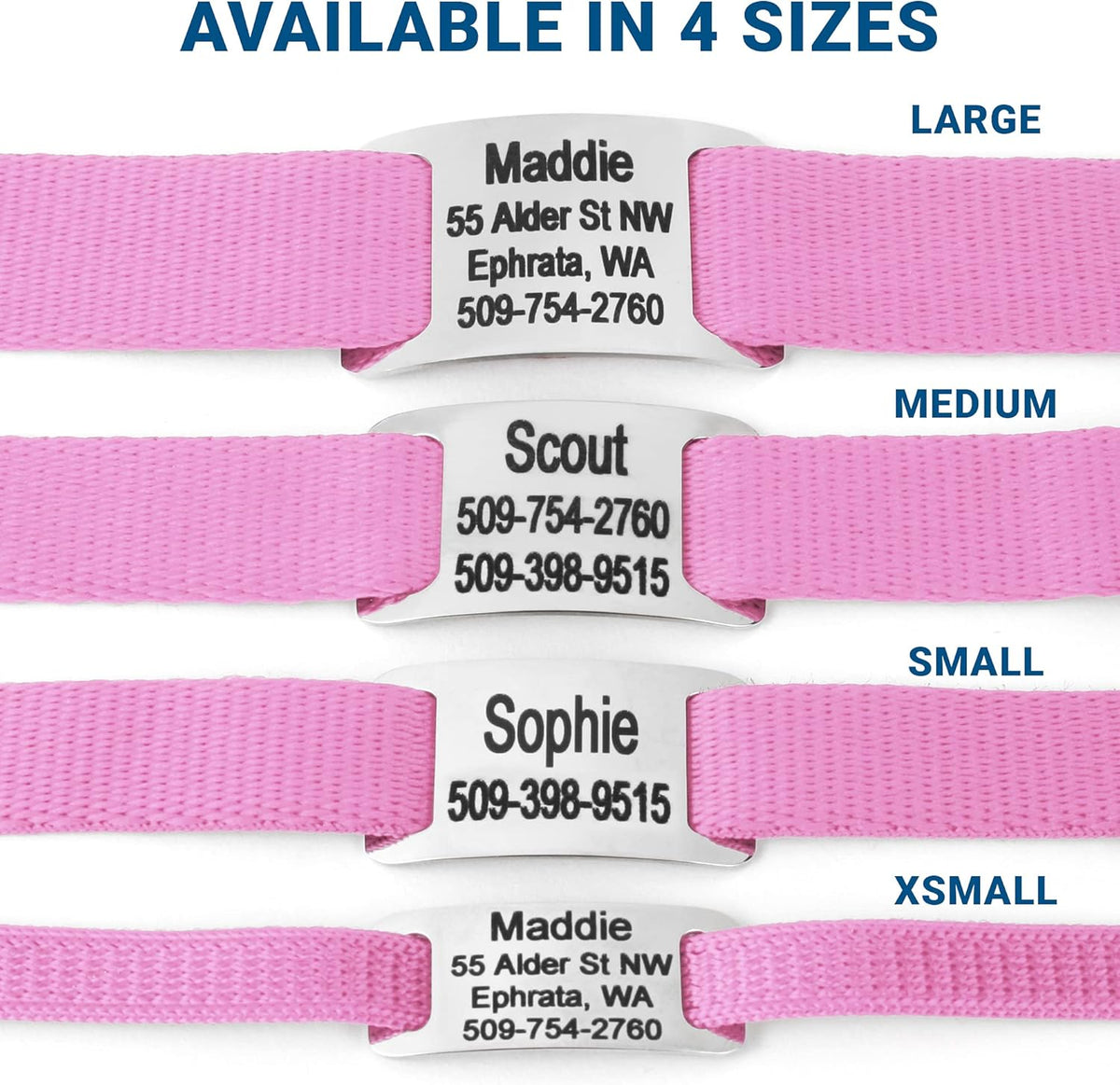 GoTags Personalized Dog Collar with Nameplate, Adjustable Dog Collar with Custom Engraved Slide On Pet ID Tag in Stainless Steel, Silent, No Noise Dog Tag for Large Medium and Small (Pink, Large)