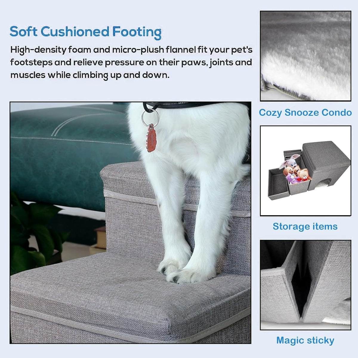 Dog Stairs with Storage Dog Steps for High Beds 3-Step Pet Stairs Ramp with Storage Box and Condo for Small Dogs Cats Pets