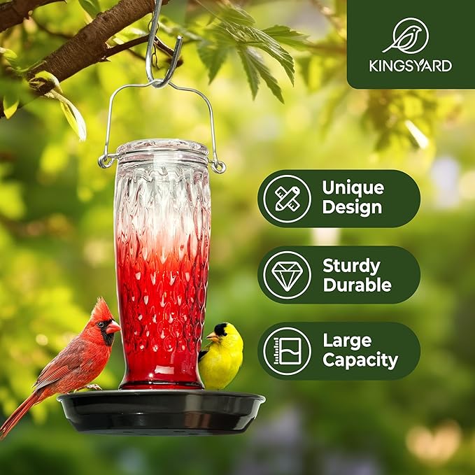 Kingsyard Bird Water Feeder for Outside, 24 Ounce, Glass Bird Water Dispenser with Metal Hanging for Garden Yard Outside Decoration, Red Gradient