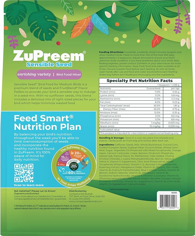 ZuPreem Sensible Seed Bird Food, Cockatiel, Lovebird, Quaker, Small Conure, Seed and Pellet Blend for Medium Birds, Food Mixer Topper, Enriching Variety, Made in the USA, (M, 2 lbs)