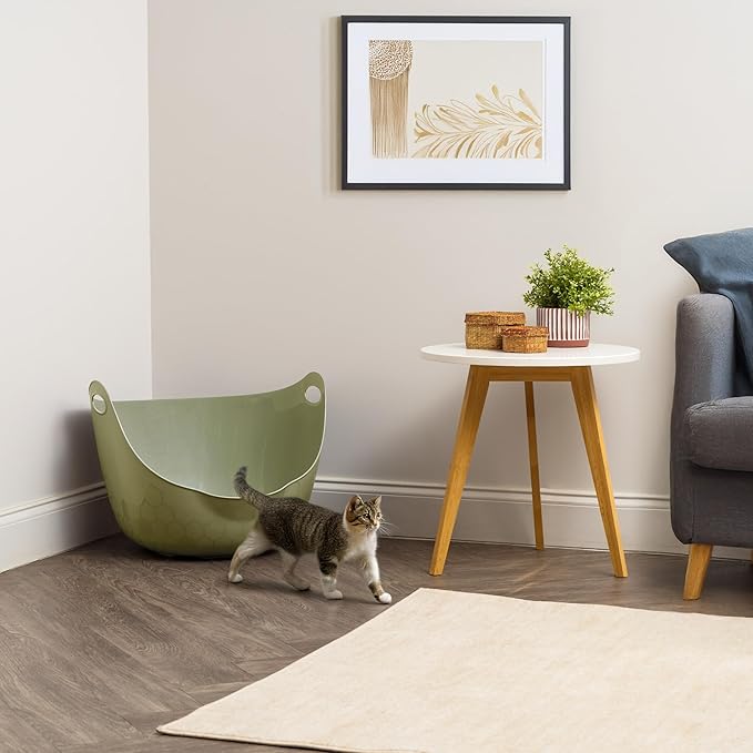 IRIS USA Cat Litter Box with High Walls and Handles, Made with Flexible Plastic, Sage Green