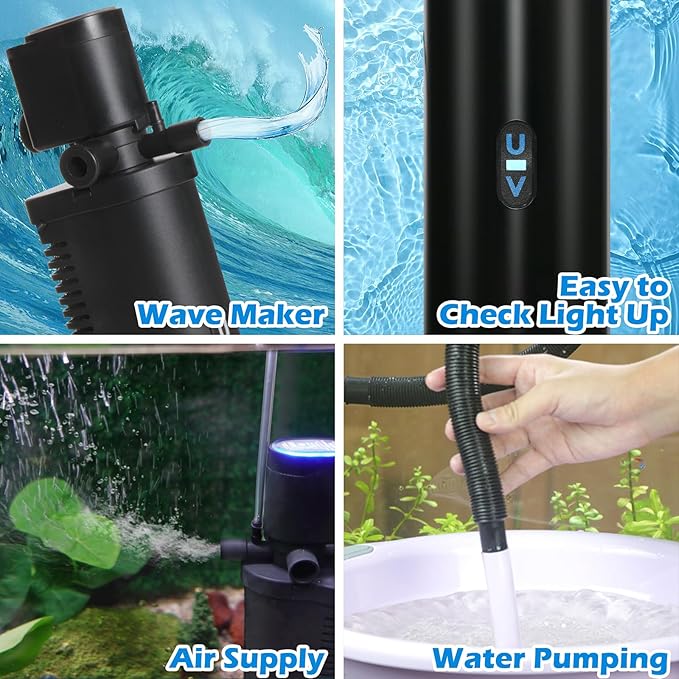158GPH Small Aquarium Filter, UV Sterilizer for Aquarium for 10-45 Gallon Tank, Internal Pump for Turtle Betta Fish Tank Filter Silent 4-in-1 Green Killing Machine with Fish Tank Filters Deodorization