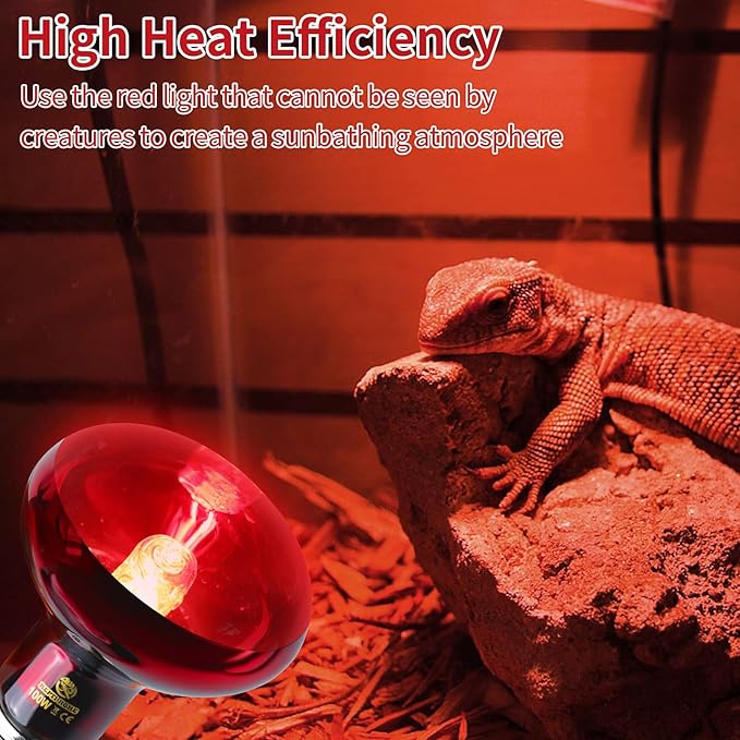 Reptile Heat Lamp Bulbs,Infrared 100W Reptiles & Amphibians Basking Spot Lamp Bulb, 2 Packs Red Heat Emitter Light for Chickens Coop