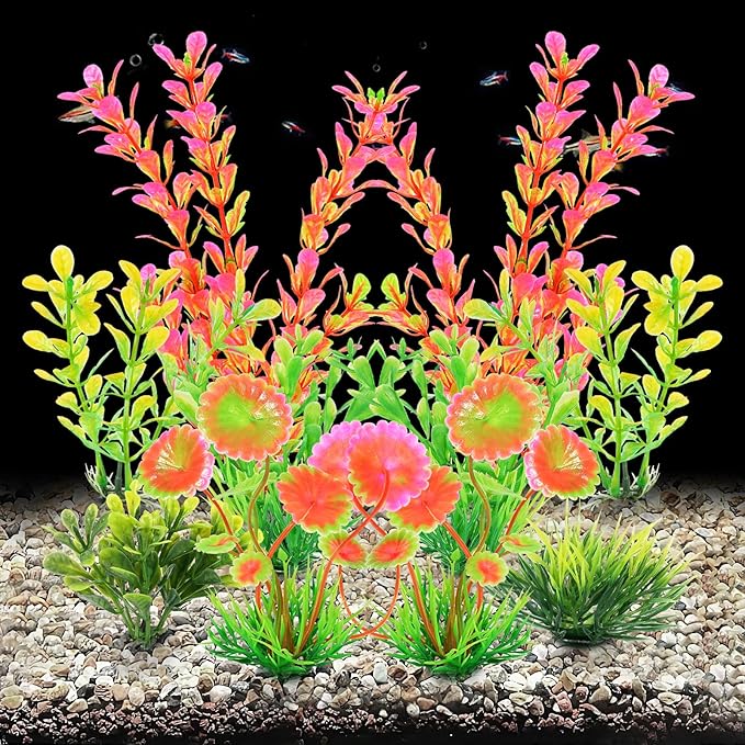 AQUANEAT Artificial Fish Tank Plants, Plastic Aquarium Decorations, Pink Accessories, 10pcs