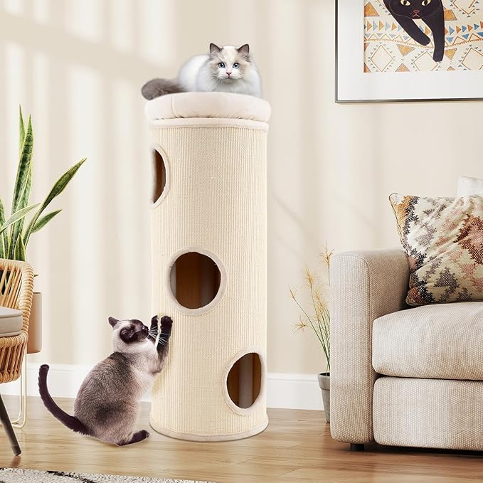 Tangkula 4 Story Cat Tree Condo, 49” Barrel-Shaped Cat House with Detachable Sisal Scratching Board, 3 Hideaways & Removable Soft Top Plush Bed, Interior Bamboo Mat, Modern Cat Tower for Indoor Cats