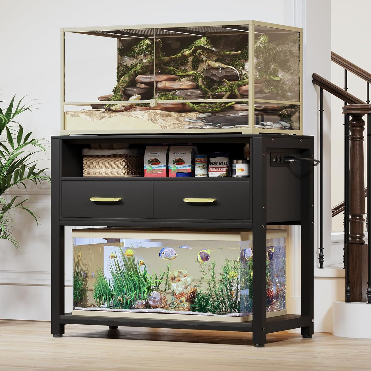 40-50 Gallon Fish Tank Stand with Power Outlet & 2 Storage Drawers, Heavy Duty Metal Frame Aquarium Stand with Waterproof Mat, 36.6" L*19.1" W Tabletop, 800LBS Capacity, Black