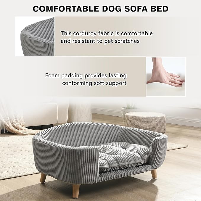 Dog Sofa Couch Bed for Small Dogs, Durable Corduroy Rectangle Pet Sofa with Soft Cushion, Modern Elegant Elevated Mini Dog Couch Bed with Backrest and Armrests, Gray