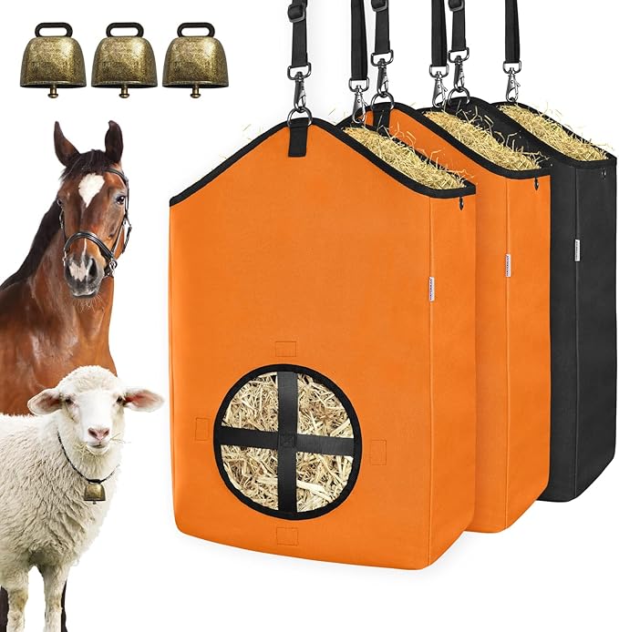 3 PCS Goat Hay Feeder,Hay Bags for Horses,Goats,Donkeys with Reinforced Oxford Fabric and High Strength Metal Clasp,Horse Feeding Supplies with Adjustable Strap for Easy Hanging (2Orange+1Black)