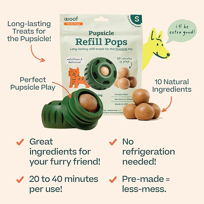 WOOF Pupsicle Refill Pops - Low-Mess Dog Snacks - with Peanut Butter and Beef - Dog Treats - Long Lasting - Small Pops - 10 Count - 2 Pack