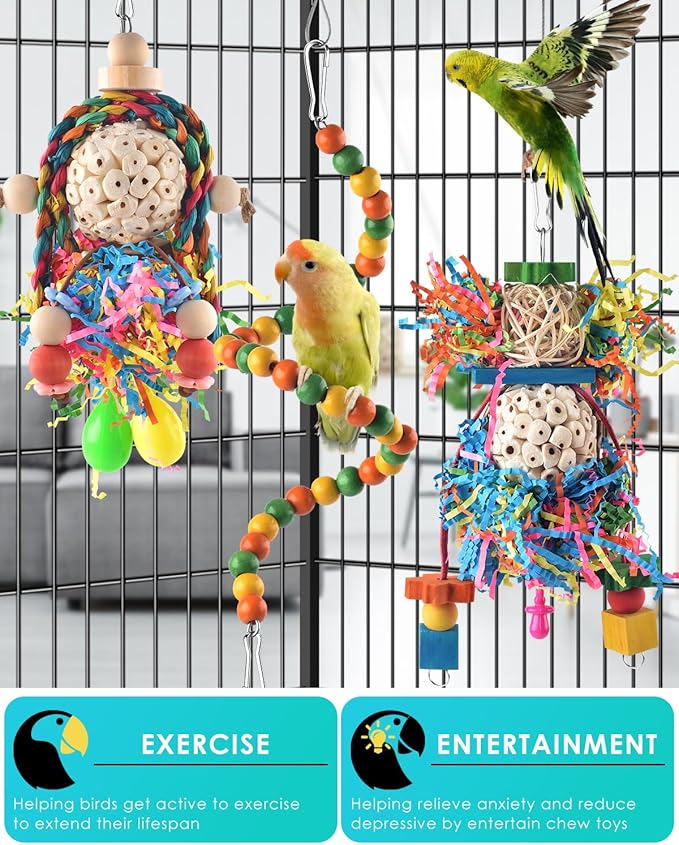 Bissap Conure Toys, 3 PCS Parrot Foraging Shredder Hanging Toys Sola Balls with Sand Hammer Perch Swing Climbing for Small Parrots Parakeets Conures Cockatiels Love Birds Cage Toy
