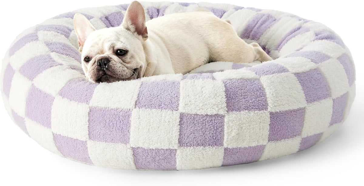 Lesure Donut Medium Dog Bed - Round Cat Beds for Indoor Cats Calming Pet Beds, Cute Modern Beds with Jacquard Shaggy Plush & Anti Slip Bottom, 30 Inch, Purple