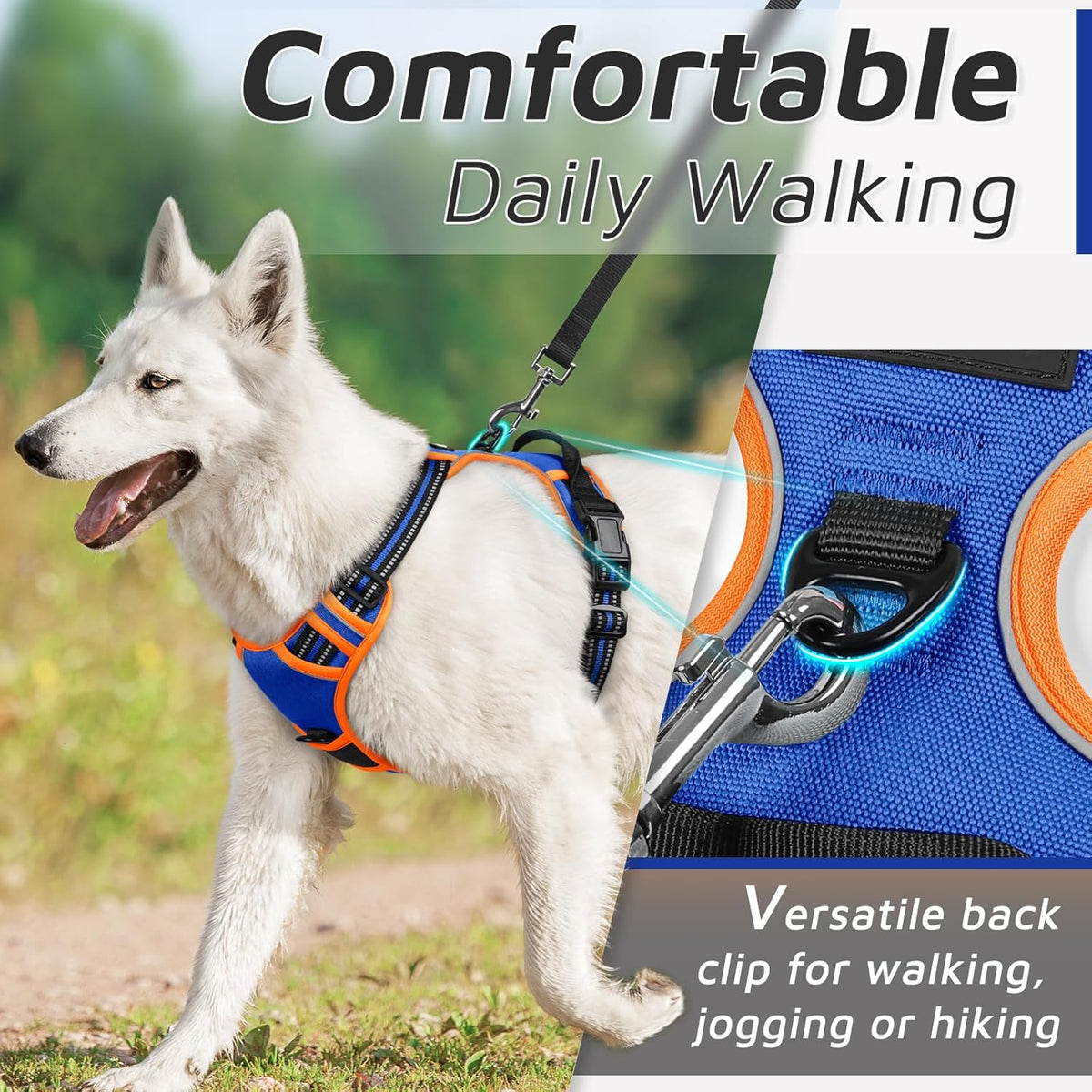 Eagloo Dog Harness for Large Dogs, No Pull Service Vest with Reflective Strips and Control Handle, Adjustable and Comfortable for Walking, No Choke Pet Harness with 2 Metal Rings, Blue & Orange, L
