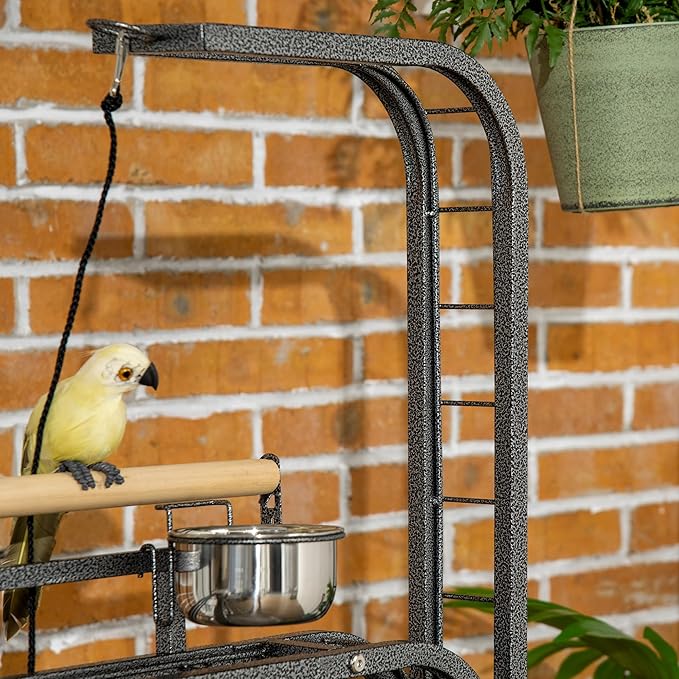 PawHut Parrot Stand Large Bird Perch Stand with Toy Hook & 3 Ladders, Parrot Perch with Easy Grip, Bird Wooden Stand, Gray