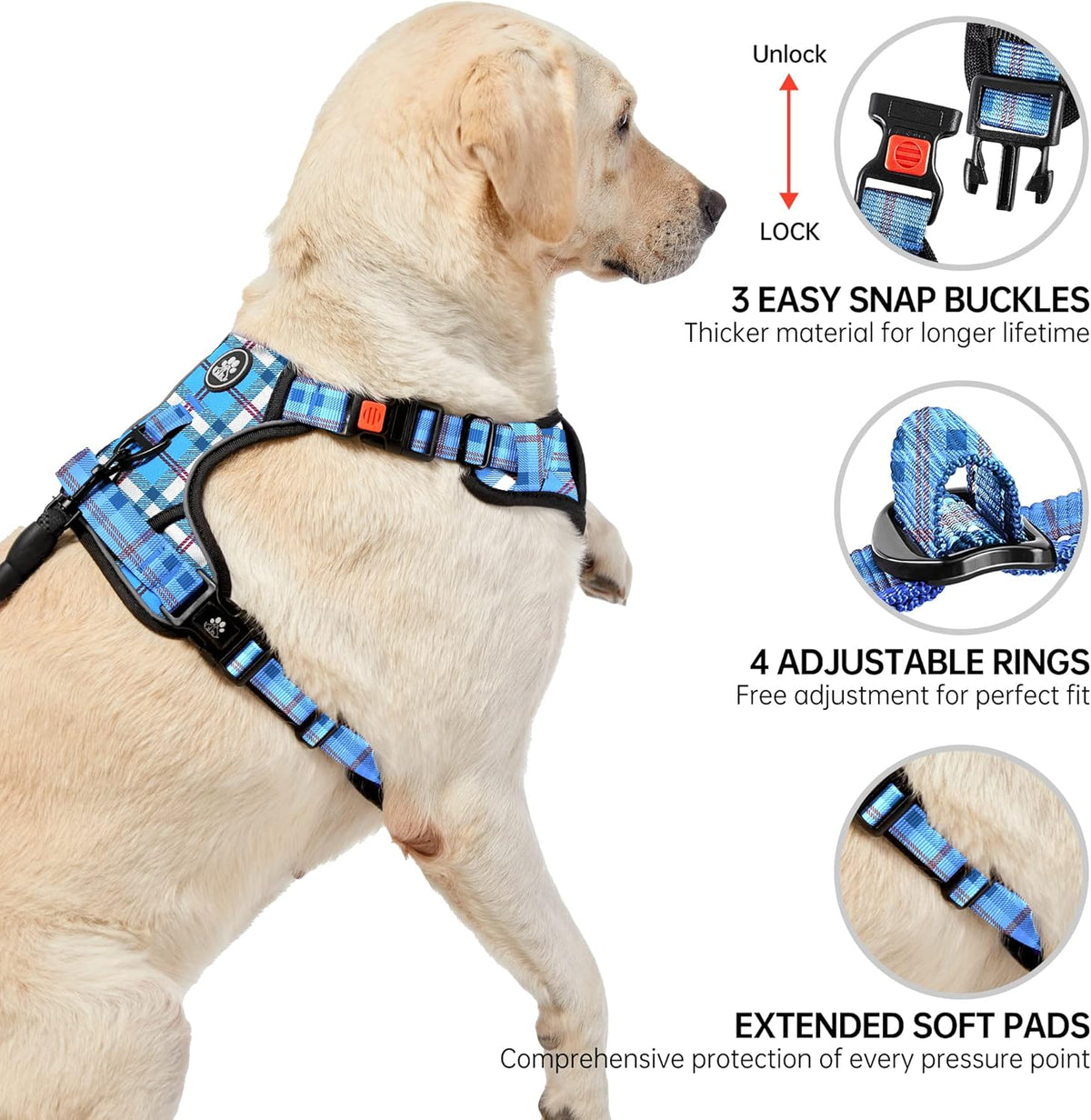 NESTROAD No Pull Dog Harness with Leash, Reflective No Choke Pet Vest Harness,Adjustable Soft Padded Dog Harness with Easy Control Handle for Medium Dogs(Checkered Blue,Medium)