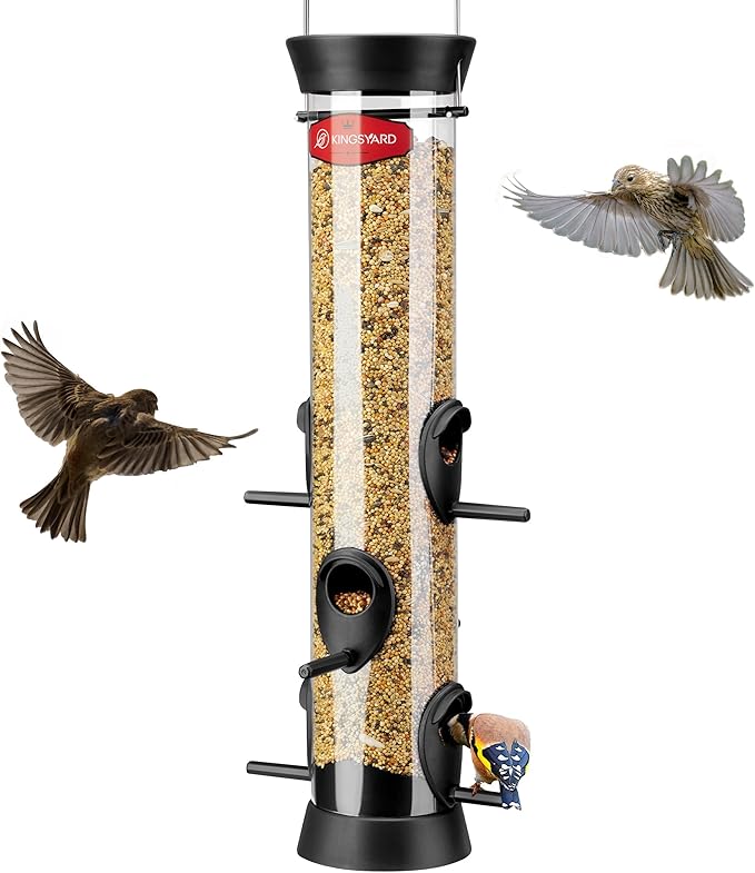 Kingsyard 6 Ports Tube Bird Feeder for Outdoors Hanging, Removable Base and Perch, Easy to Clean & Refill, Premium Hard Plastic, Attracting for Finches Cardinals Bluebirds (Black)