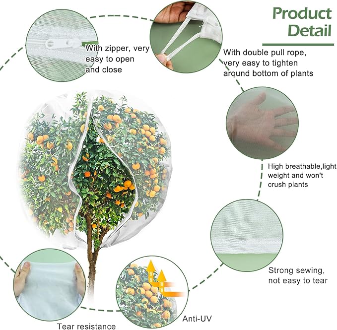 2 Pack 6 x 6.6 ft Large Fruits Tree Netting, Garden Mesh Insect Tree Cover with Zipper Drawstring Bird Barrier Net Plant Bags Blueberry Bushes Protection Cover for Prevent Animals Deer Squirrel Bug
