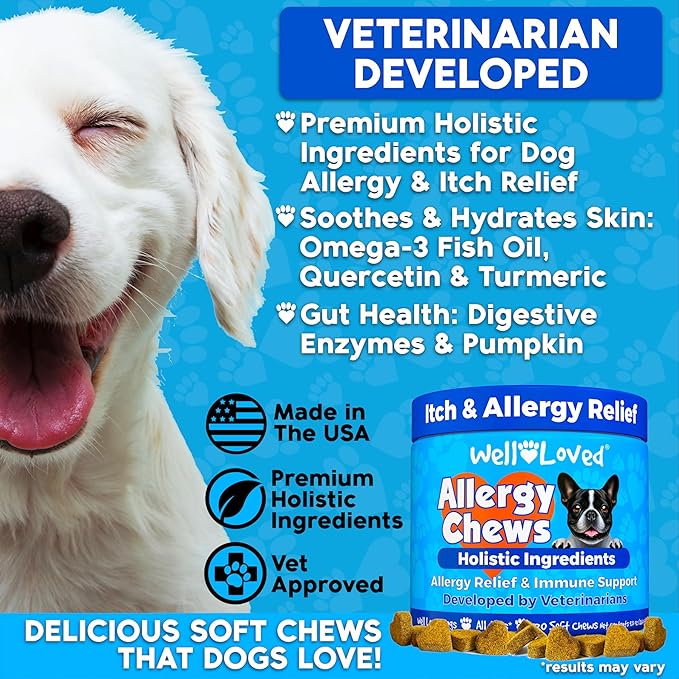 Dog Allergy Chews - Dog Allergy Relief, Itching Skin Relief, Hot Spot Treatment & Seasonal Allergies, Vet Developed, Anti Itch Skin Irritation Treatment, Made in USA, 120 Chews
