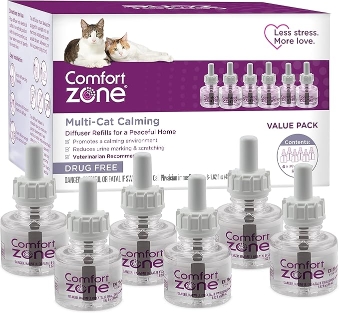 COMFORT ZONE Multi Cat Calming Diffuser Refill, 6 Pack – Cat Calming Pheromone Refills Help Reduce Anxiety, Stress, Scratching, Urine Marking, Multi-Cat Aggression, (30-Day Refills, 180-Day Supply)