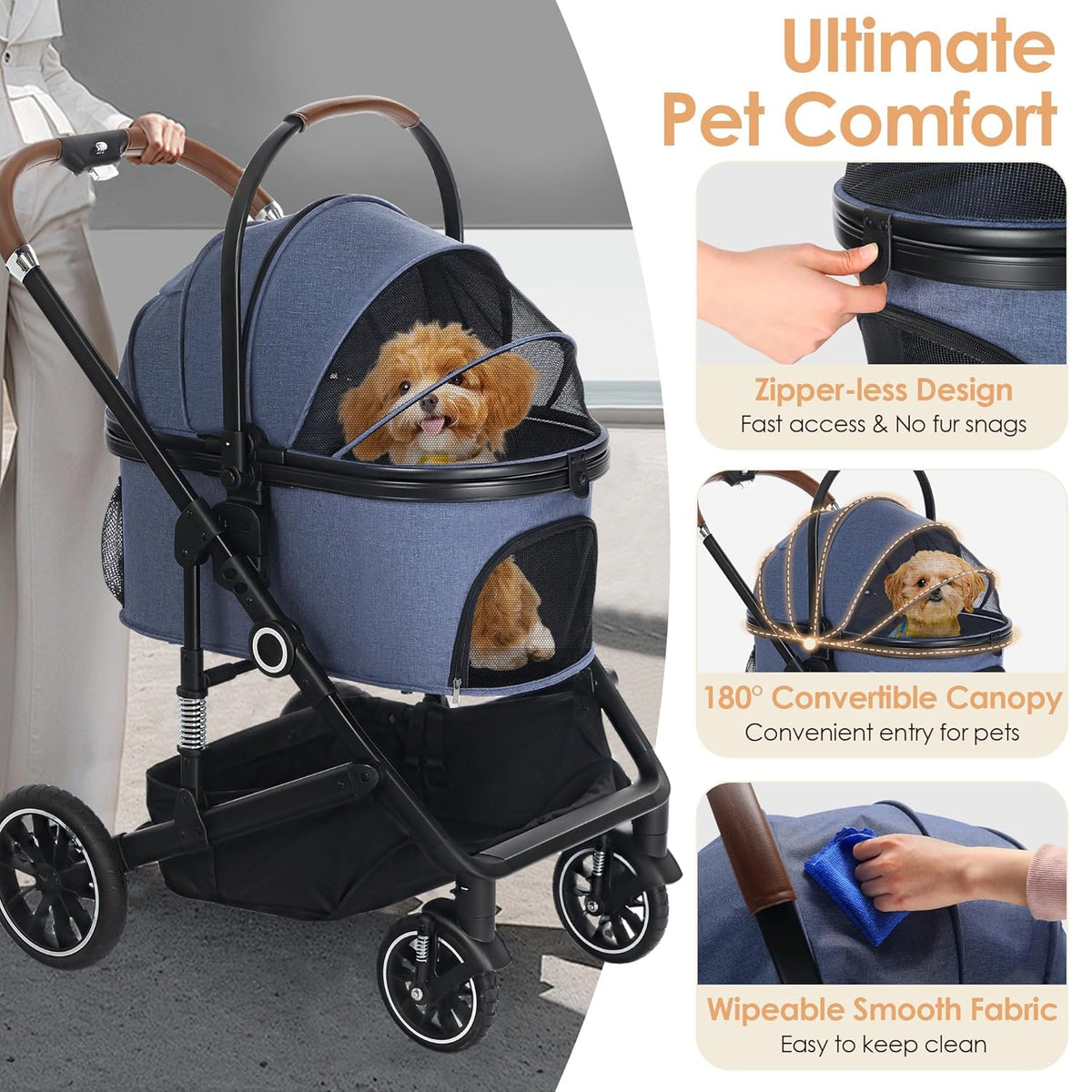Pet Stroller with 4 Wheels, 3 in 1 Folding Puppy Strollers for Small/Medium Dogs Cats up to 50lbs, Lightweight Pet Travel Carrier with Detachable Cushion, Storage Basket and Cup Holder, Blue