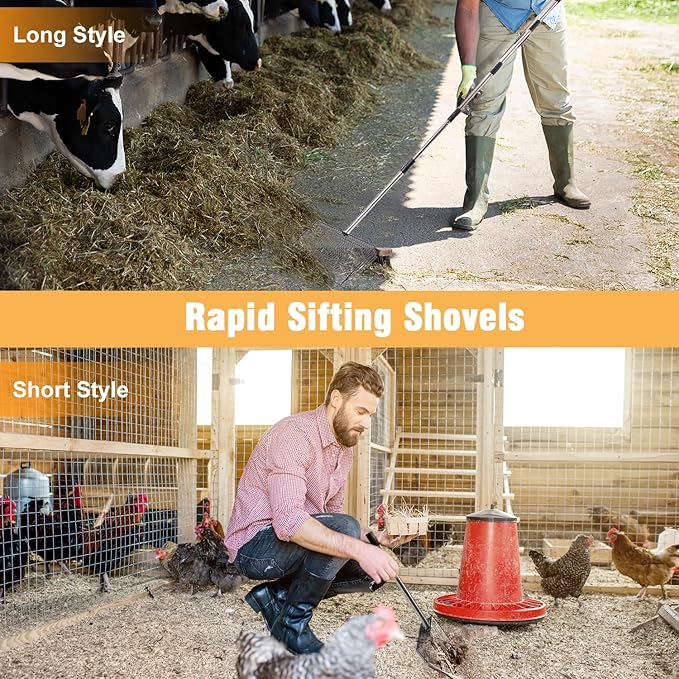 Chicken Poop Scooper 67 inch Adjustable Coop Scooper with 10 inch Metal Sieve for Fast Cleaning, Multi-Purpose Litter Tool for Chicken Coops, Barns & Pet Waste