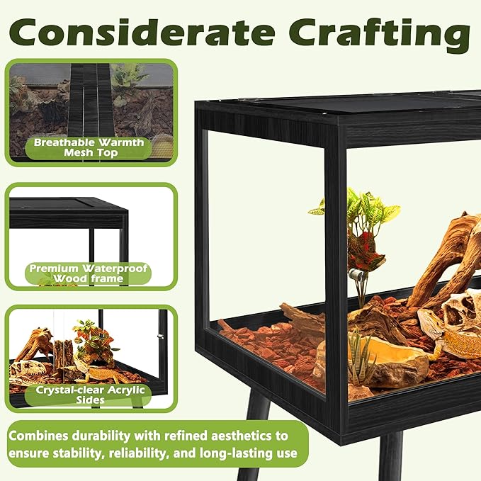Prolee Bearded Dragon Tank with Leg Stand,Wooden Lizard Tank,Reptile Tank with Metal Mesh Roof Door, Acrylic Panel Snake Tank with Lock Design (Black, 32"x16"x16")