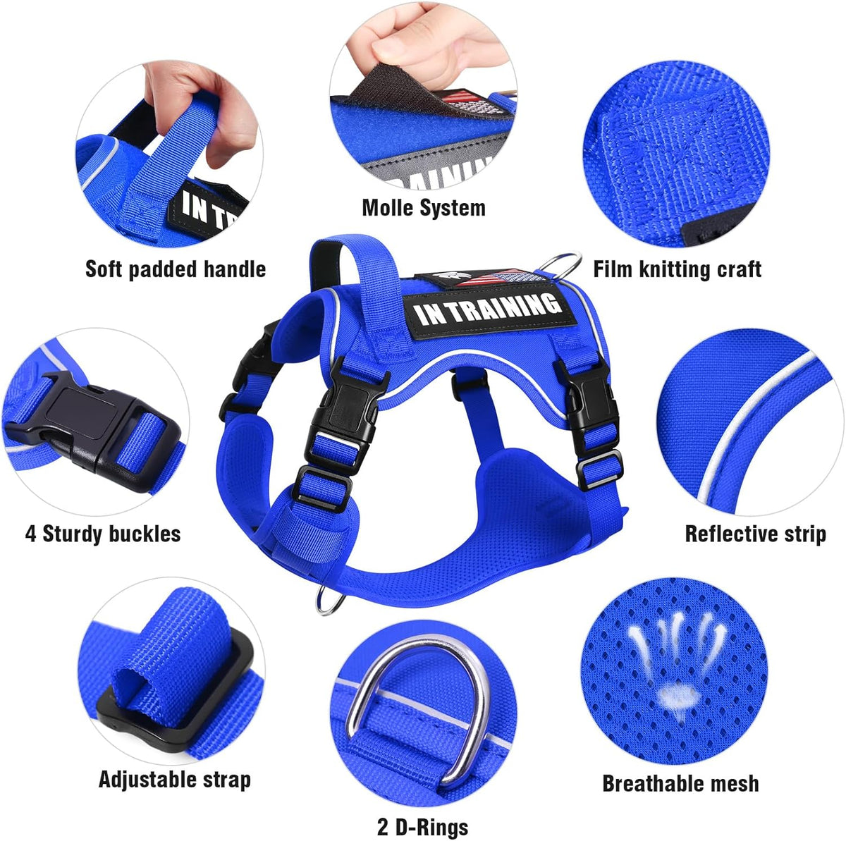 WINSEE Service Dog in Training Harness with 5 PCS Patches, Reflective Tactical Dog Vest Harness, Adjustable Soft Oxford Pet Harness with Easy Control Handle, Hook & Loop Panels for Walking Hiking