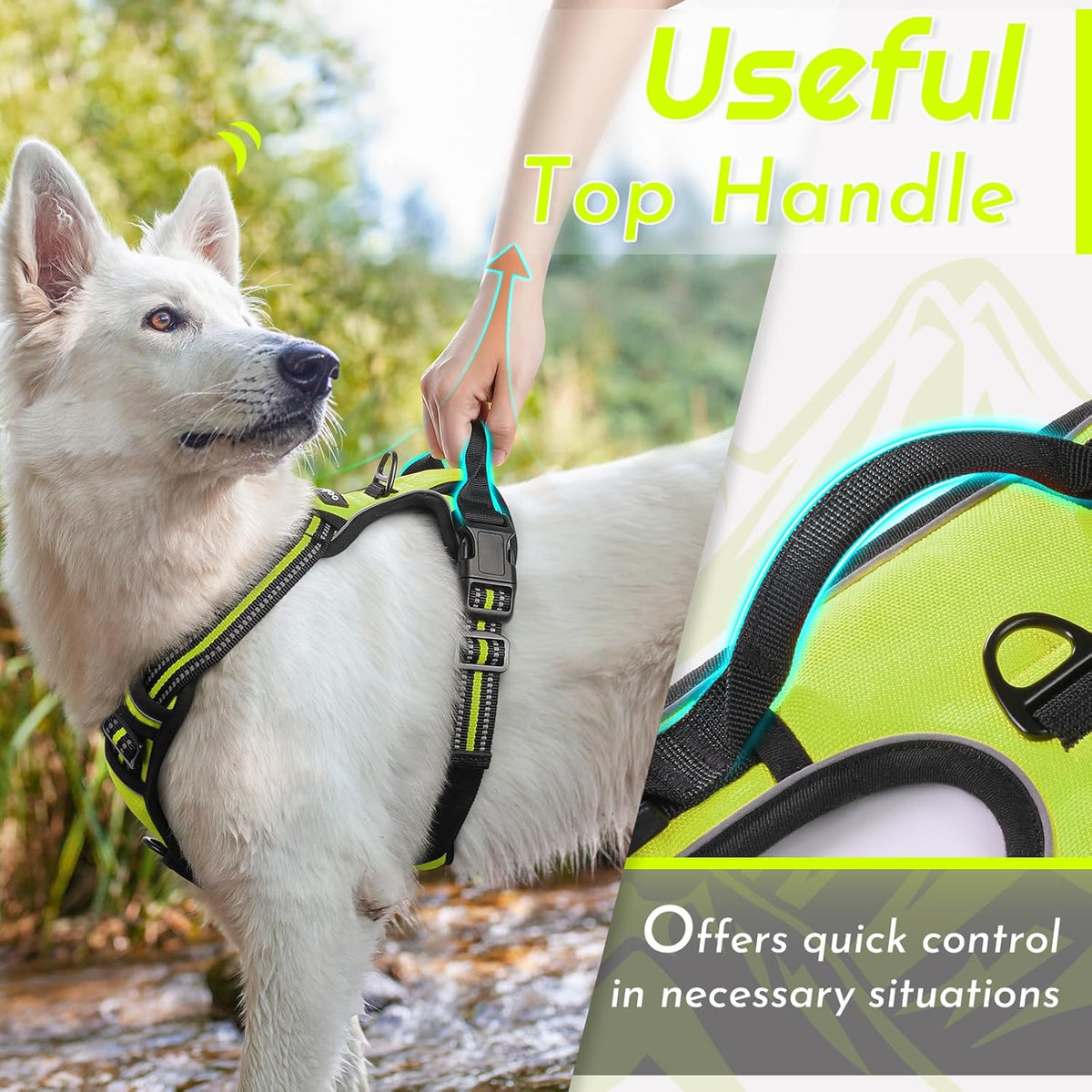 Eagloo Dog Harness Large Breed, No Pull Service Vest with Reflective Strips and Control Handle, Adjustable and Comfortable for Easy Walking, No Choke Pet Harness with 2 Metal Rings, Green, XL