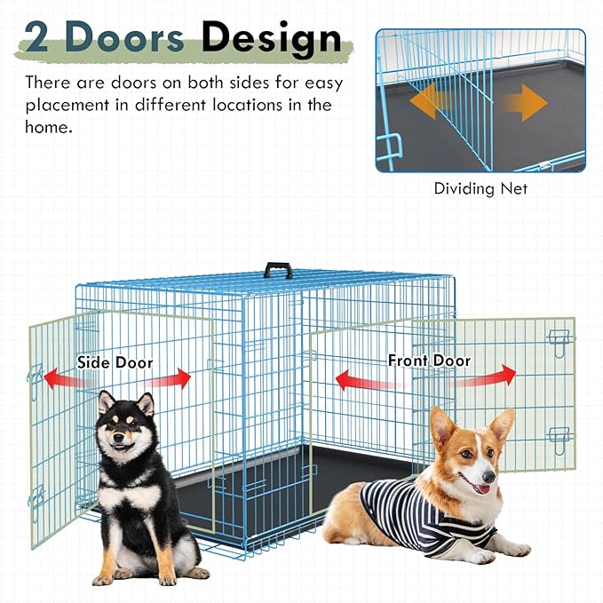 PayLessHere Large Dog Crate Kennel for Medium Large Dogs 36 inches Metal Dog Cage Double-Door Folding Travel Indoor Outdoor Puppy Playpen with Divider and Handle Plastic Tray,Blue