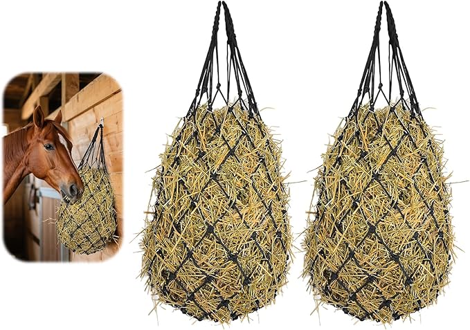 2 Pack Hay Bags for Horses, Large Slow Feed Hay Nets with Durable Mesh, Round Bale Horse Hay Feeder for Stable Stall Paddock