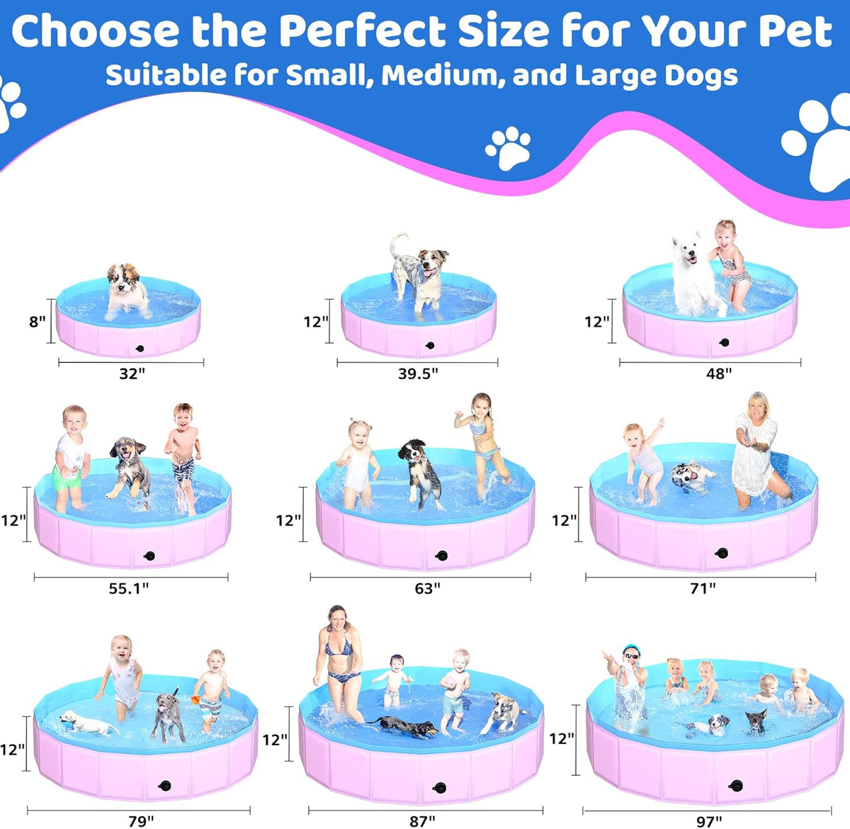 2025 Updated Foldable Dog Pool, 63" x 12" Kiddie Pool with Hard Plastic, Non-Slip Dog Bath Tub for Outdoor Backyard, Collapsible Dog Swimming Pool for Kids Dogs Pets (Pink)