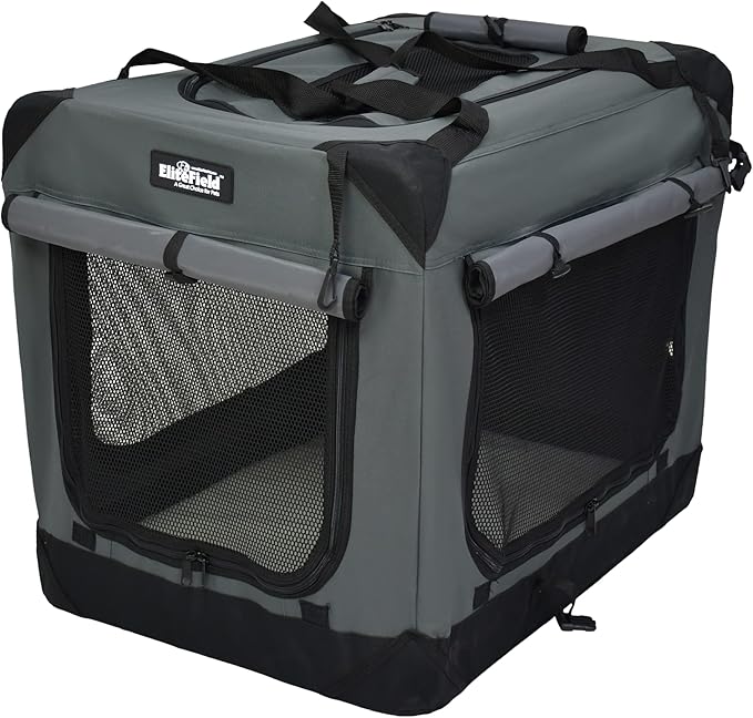 EliteField 4-Door Folding Soft Dog Crate with Curtains, Carrying Bag and Fleece Bed (2 Year Warranty), Indoor & Outdoor Pet Home (36" L x 24" W x 28" H, Gray+4 Door Curtains)