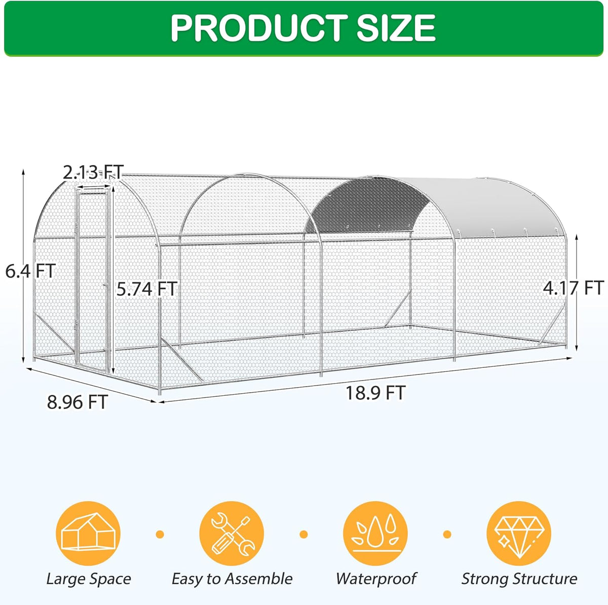 Large Metal Chicken Coop, Walk-in Chicken Run Pen with Waterproof Cover, Dome Roof Poultry Cage for Outdoor, Backyard, Farm (8.96'Wx18.9'Lx6.4'H)