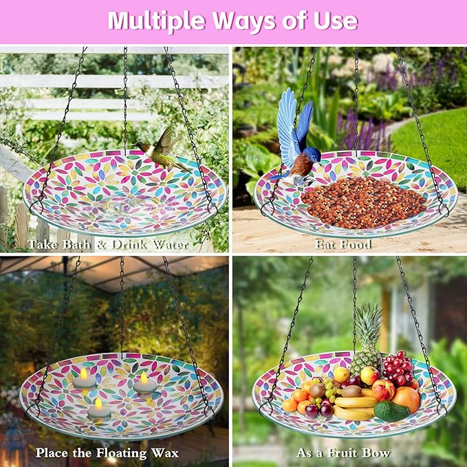 MUMTOP Mosaic Hanging Bird Bath-Bird Baths for Outdoors - 12 Inch Glass Birdbath Bird Water Bowl Bird Feeders for Outside, Garden, Lawn Yard Decor（Colorful Flower）