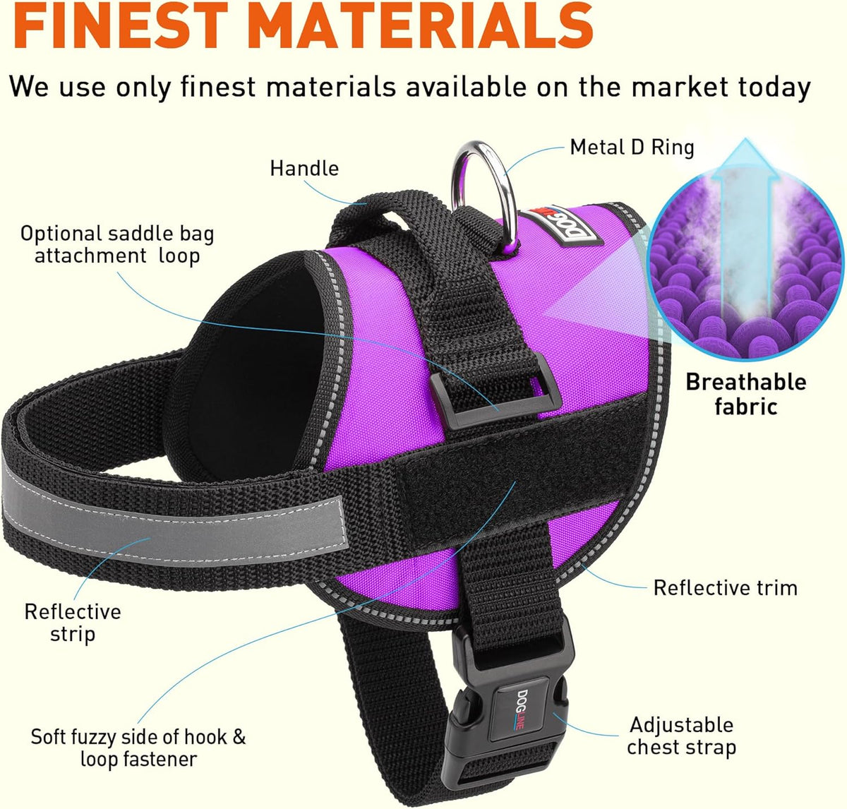 Dogline Dog Harness, Reflective No-Pull Adjustable Vest with Handle for Walking, Training, Breathable, No - Choke Harness for Small, Medium or Large Dogs Room for Patches Girth 33"-46" in Purple