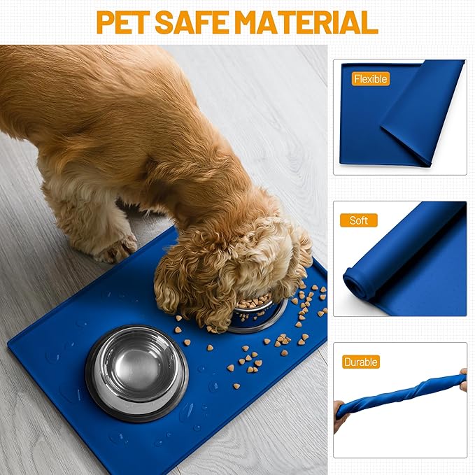 Hubulk Dog Feeding Mat,100% Waterproof Food Grade Silicone Pet Food and Water Bowl Placemat,Dishwasher, High Raised Edge to Prevent Spills,Nonslip Tray to Stop Messes on Floor (24"x16"x0.5", Navy)