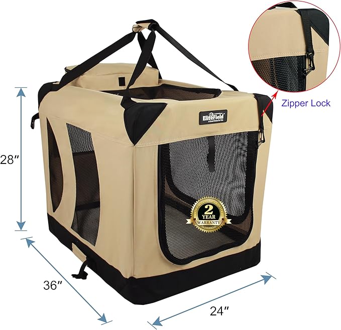 EliteField 3-Door Folding Soft Dog Crate with Carrying Bag and Fleece Bed (2 Year Warranty), Indoor & Outdoor Pet Home (36" L x 24" W x 28" H, Beige)