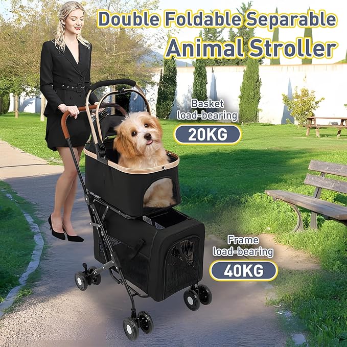 Double Pet Stroller for 2 Dogs or Cats, Folding Dog Stroller with 2 Detachable Carrier Bags, Safety Belt, 4 Lockable Wheels, Separate Compartments, for Multi-Pet Homes (Black)