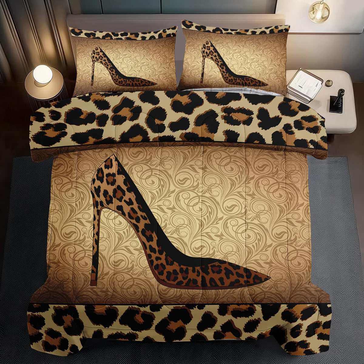 Leopard Comforter Set Queen Girls,Sexy High Heel Comforter for Women,Leopard Print Bedding Set Queen Adult,High Heel Quilt Bedroom Decor,African Animal Print Bedding Quilt