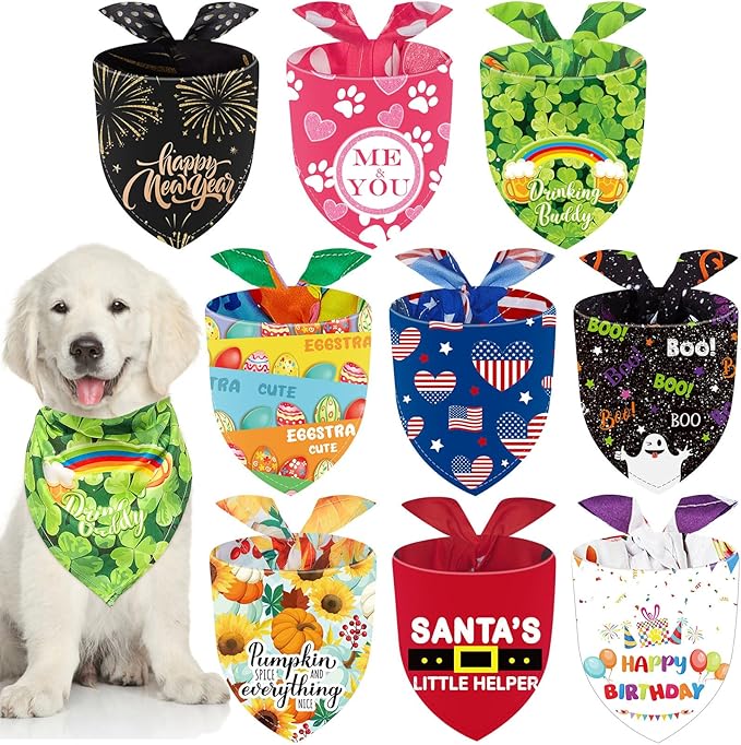 Weewooday 9 Pcs Holiday Dog Bandanas St' Patrick's Day Easter Bandanas Birthday Scarf Adjustable Large Pet Washable Scarves for Large Dog Supply(Classic Pattern)