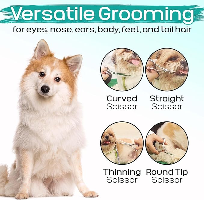 Professional Pet Grooming Kit – 6 in 1 Dog Grooming Scissors Kit - Dog & Cat Grooming Supplies - Adjustable Screw Scissors, 4CR Stainless Steel Dog Clippers, Hair Thinning Shears, Rubber Grips