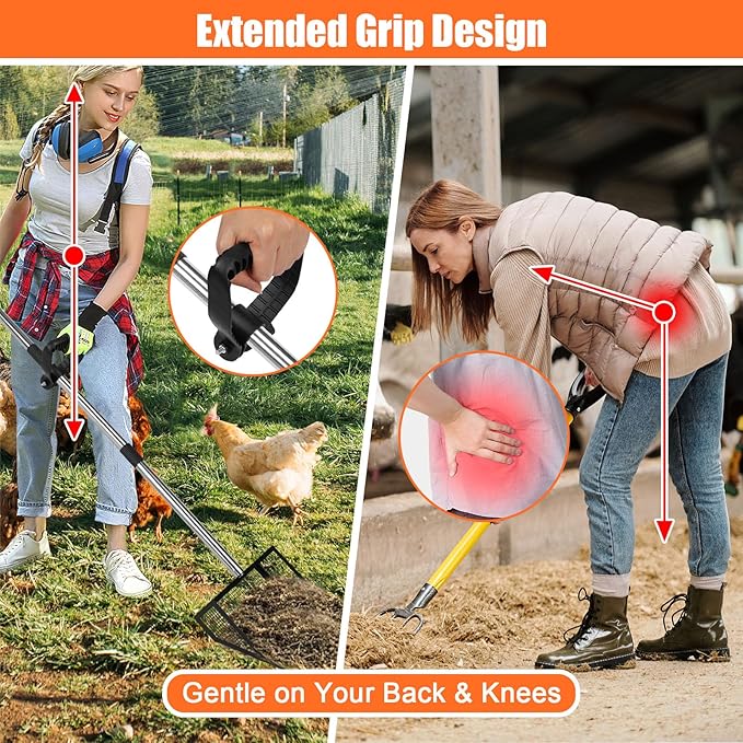 Chicken Poop Scooper and Rake with Ergonomic Handle, 2 in 1 Large Metal Chicken Coop Scoop for Poop with Adjustable Stainless Steel Pole, Sand Sifting Shovel for Chicken Coop Accessories
