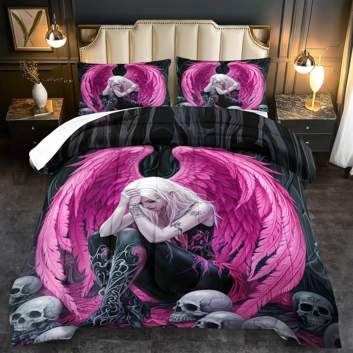 Gothic Skull Comforter Set Full for Adults,Angel Wings Bedding Set Pink for Girls,Sexy Angel Comforter Bedroom Decor Teen,Gothic Skull Bedding Decor Pink Wings Quilt