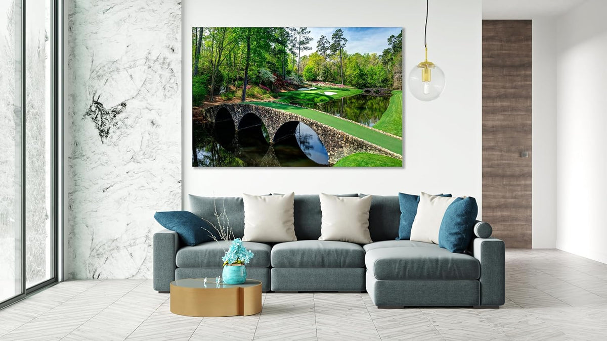 Nature Wall Art Prints - Ocean Forest Mountain Lake Canvas Landscapes - Small to Extra Large Living Room Bedroom Kitchen Bathroom Décor (Golf Course with Stone Bridge, 20L" x 30W")