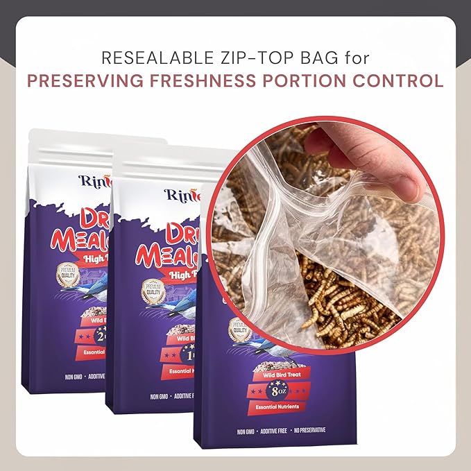 Dried Mealworms 8 oz - High Protein Food - Non Gmo Mealworms - Chicken Treats for Laying Hens - Dried Mealworms for Hamsters , Bluebird Feed, Reptile Food, Turtle Food, Hedgehog Food, Squirrel Food