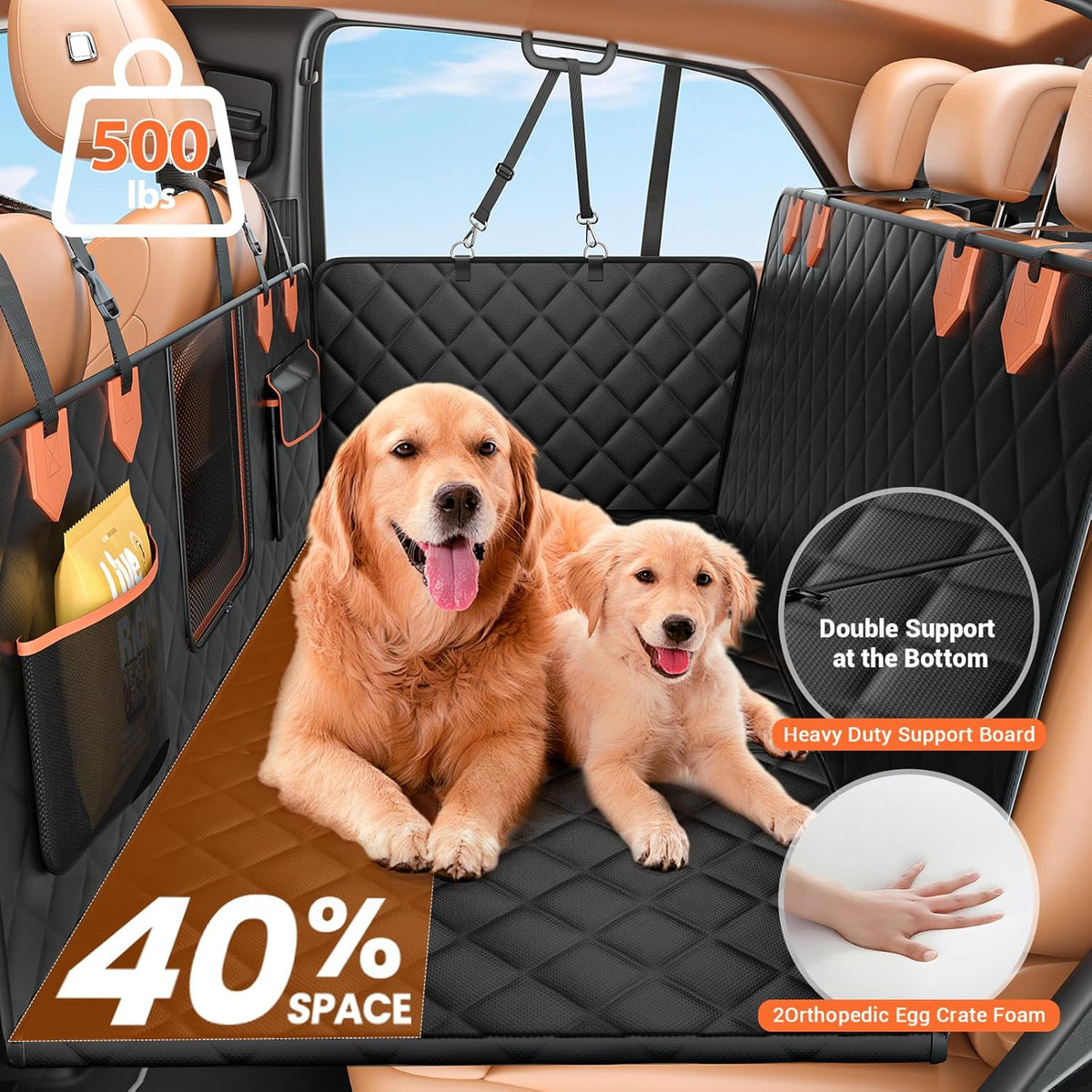 Back Seat Extender for Dogs Hard Bottom Holds 500lbs,Waterproof Dog Car Seat Cover for Back Seat, Truck-Large Space Dog Hammock for Truck