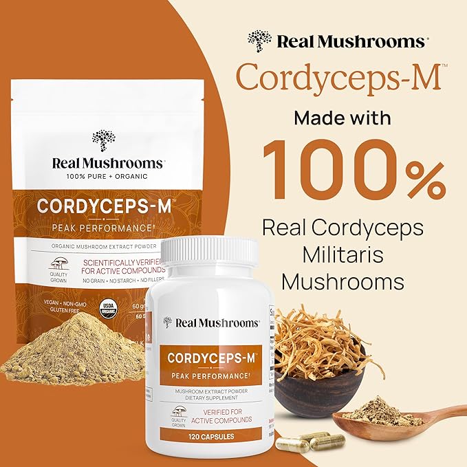Real Mushrooms Supplement Capsules - Cordyceps Mushroom Powder Rich in Beta Glucans - Mushroom Pills Cordyceps for Energy and Performance - Vegan, Non-GMO, No Grain Fillers, 120 ct