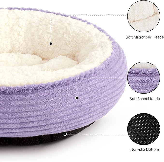 Love's cabin Round Donut Cat and Dog Cushion Bed, 25in Pet Bed for Small or Medium Dogs, Anti-Slip & Water-Resistant Bottom, Soft Durable Fabric Pet Beds, Washable Calming Cat Bed Lavender Stripe