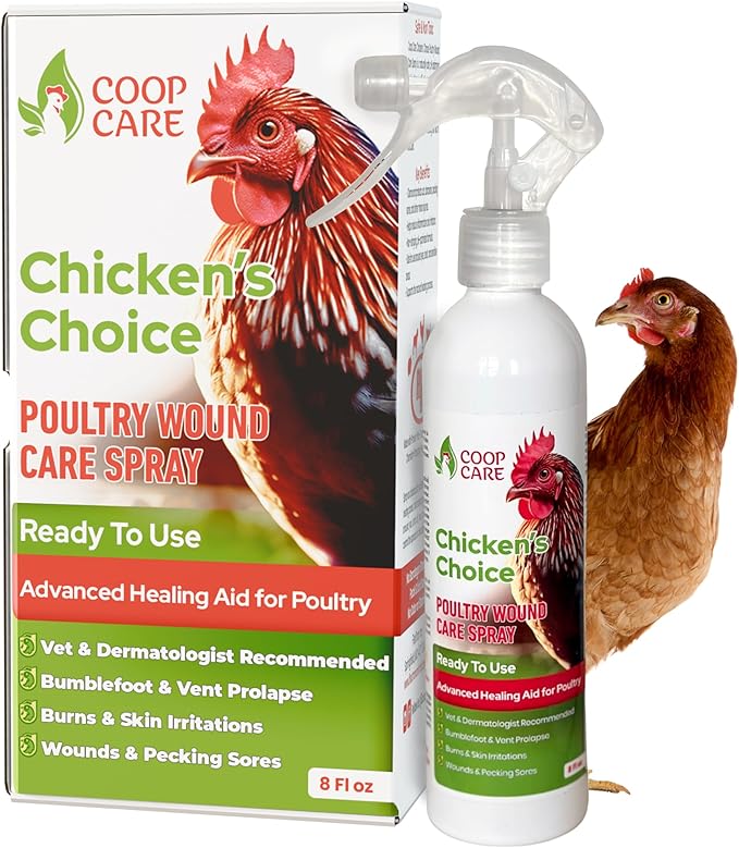 Chicken's Choice Wound Care for Chickens & Birds. Advanced Wound Care Spray for Poultry. Works for Bumblefoot, Vent Prolapse, Pecking Sore, Burns & Skin Irritations. 8 oz Ready to Use Spray